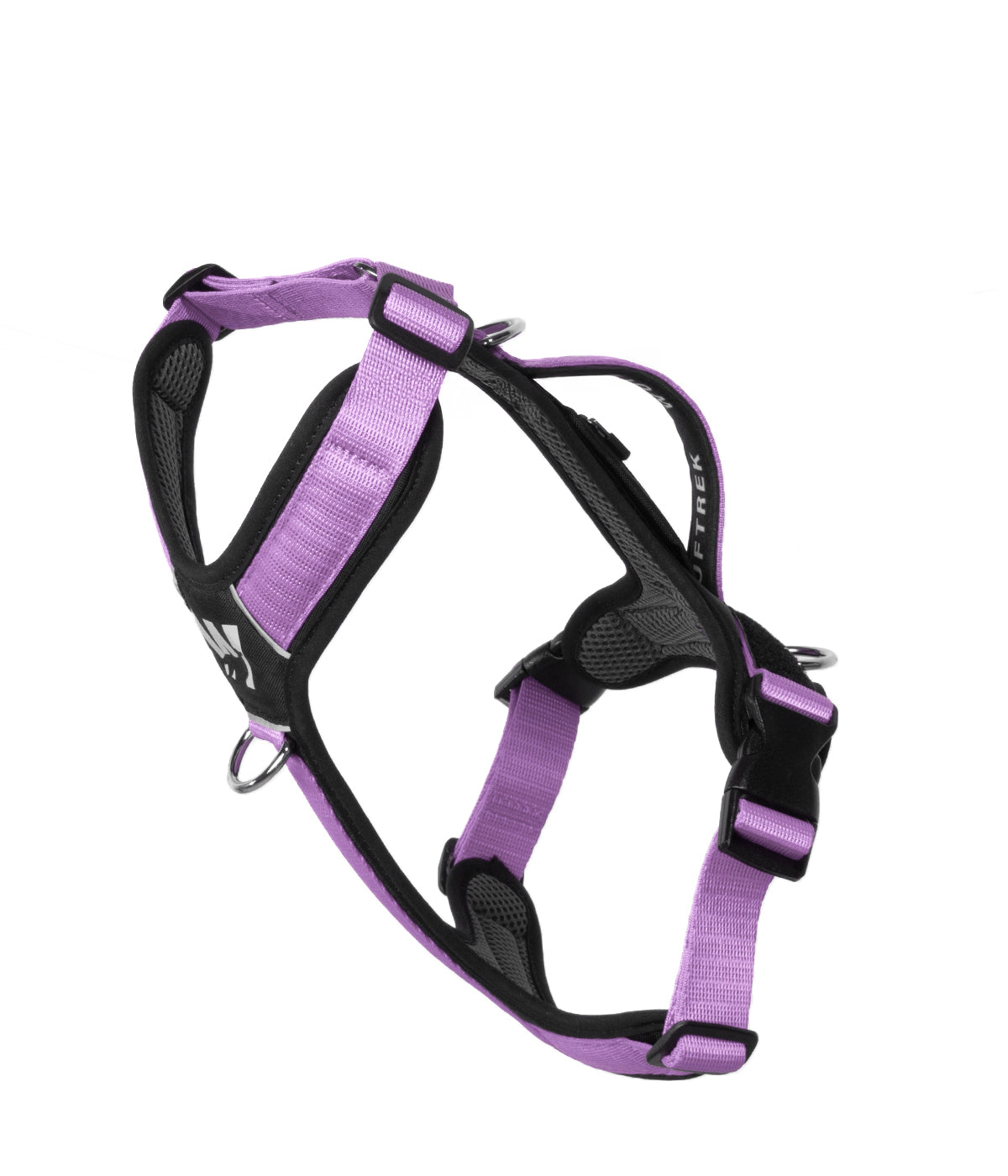 Side view of the TrekFit Y-Series lilac and black Y-Harness with front no-pull ring, adjustable straps and control handle