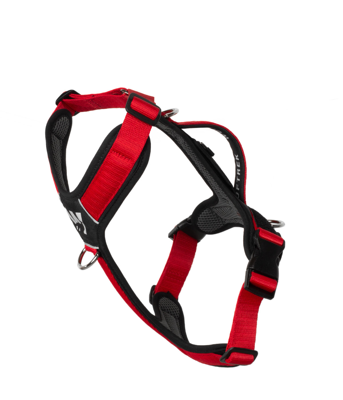 Side view of the TrekFit Y-Series red and black Y-Harness with front no-pull ring, adjustable straps and control handle