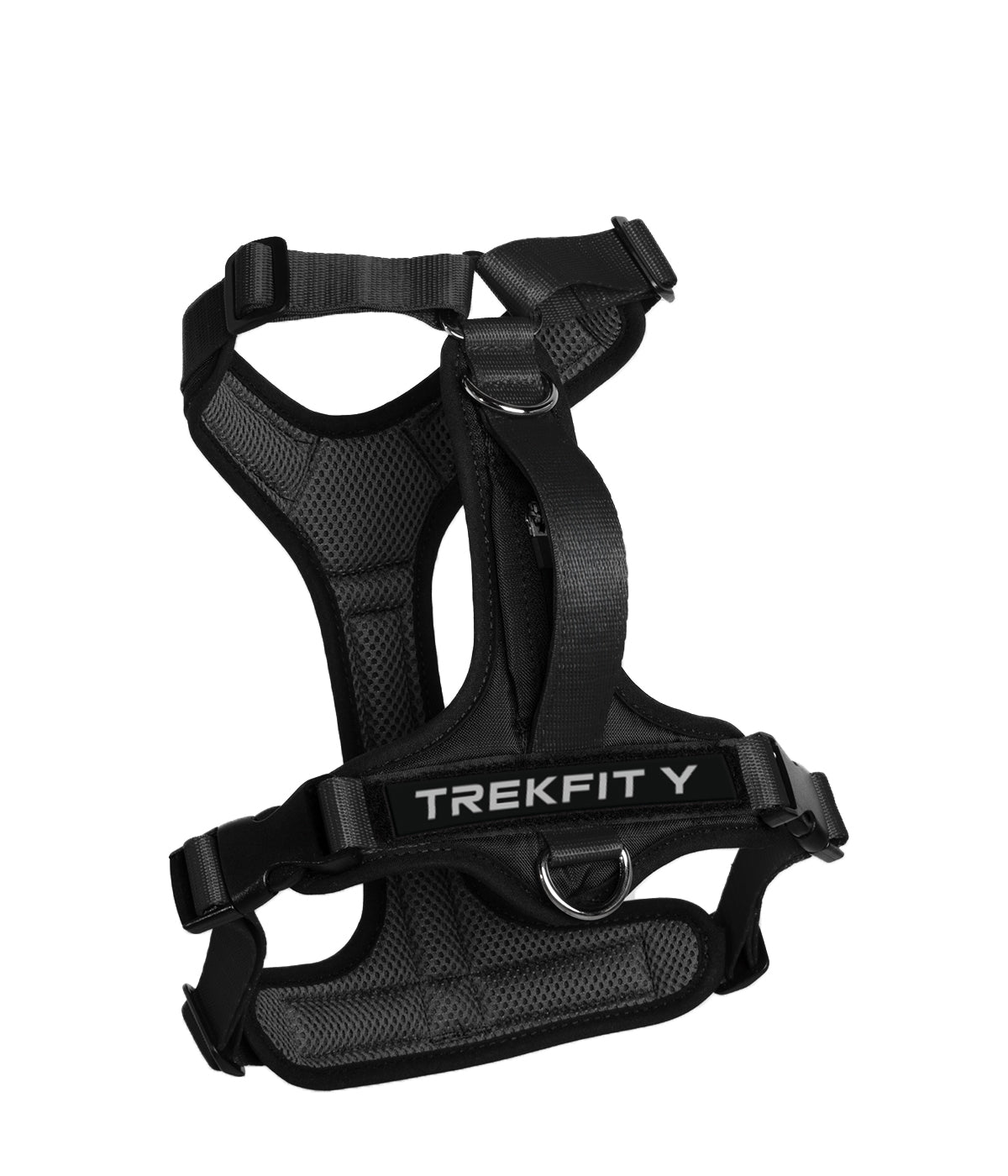 Rear view of the TrekFit Y-Series black Y-Harness with two attachment rings, grab handle and hook-and-loop patch panel