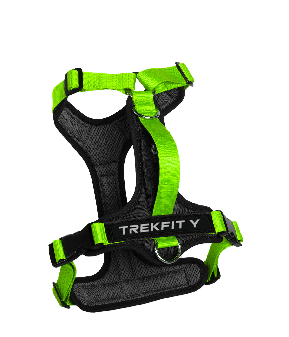 Rear view of the TrekFit Y-Series neon green and black Y-Harness with two attachment rings, grab handle and hook-and-loop patch panel