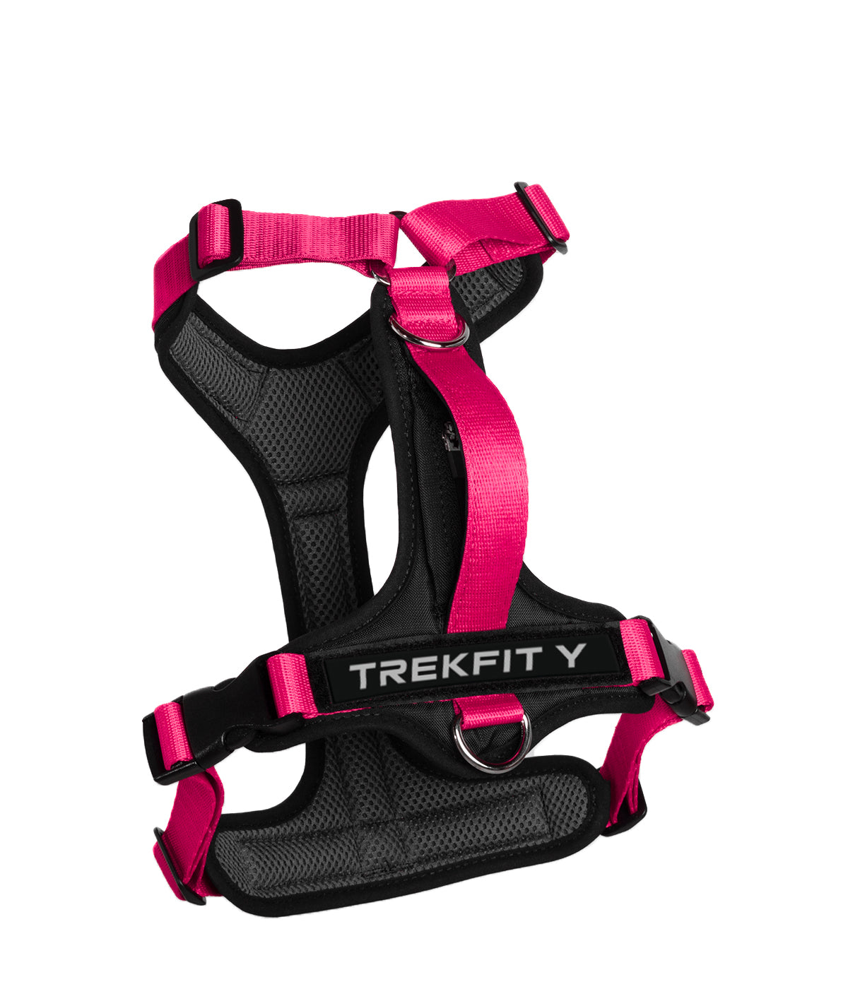 Rear view of the TrekFit Y-Series fuchsia and black Y-Harness with two attachment rings, grab handle and hook-and-loop patch panel