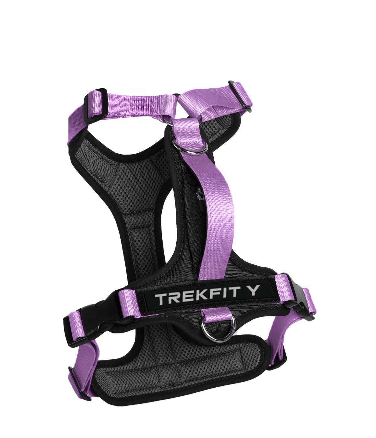 Rear view of the TrekFit Y-Series lilac and black Y-Harness with two attachment rings, grab handle and hook-and-loop patch panel