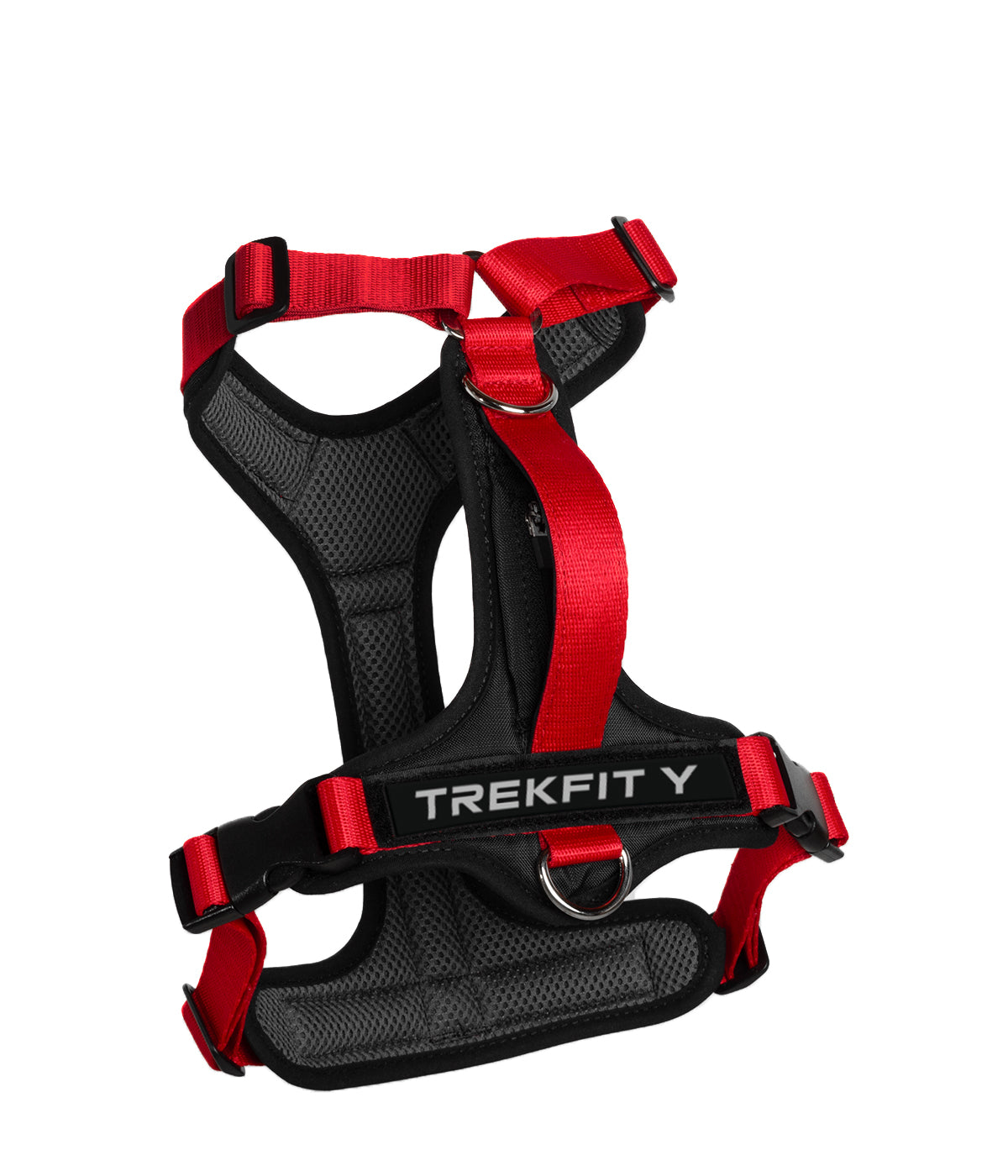 Rear view of the TrekFit Y-Series red and black Y-Harness with two attachment rings, grab handle and hook-and-loop patch panel