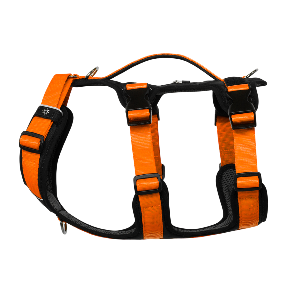 Un arnés anti escape para perro referencia TrekFit Y-3 color naranja y negro
