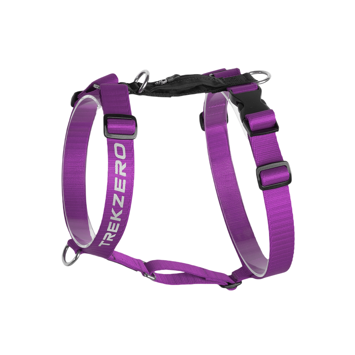 Un arnés para perro referencia TrekZero tipo H color violeta y negro
