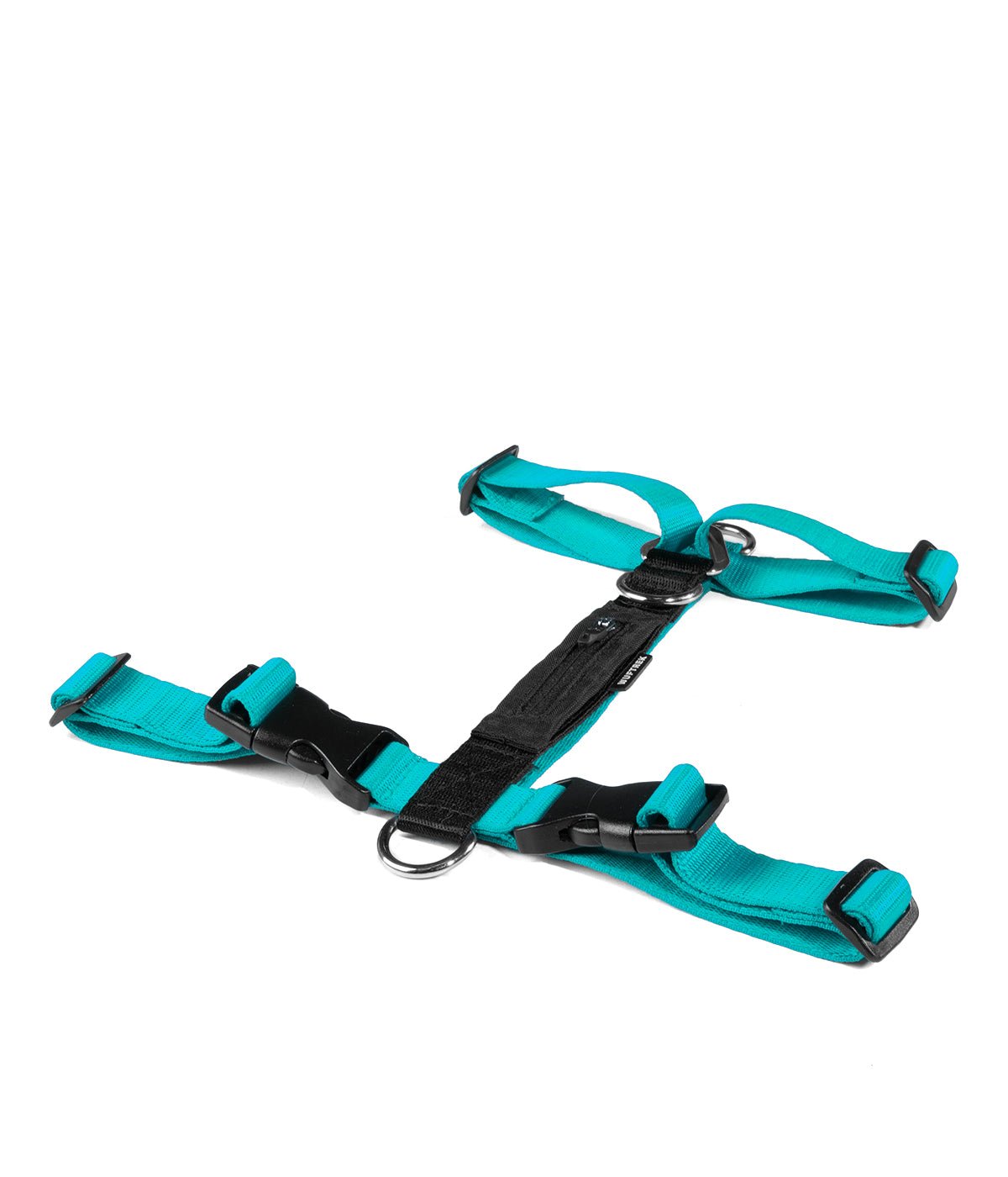 Profile view of the TrekZero H-Series aqua and black dog H-Harness