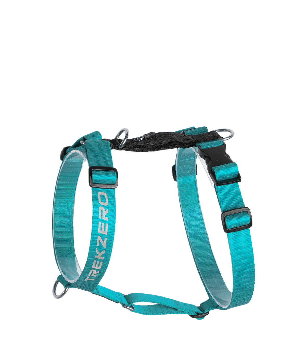 Side view of the TrekZero H-Series aqua and black dog H-Harness