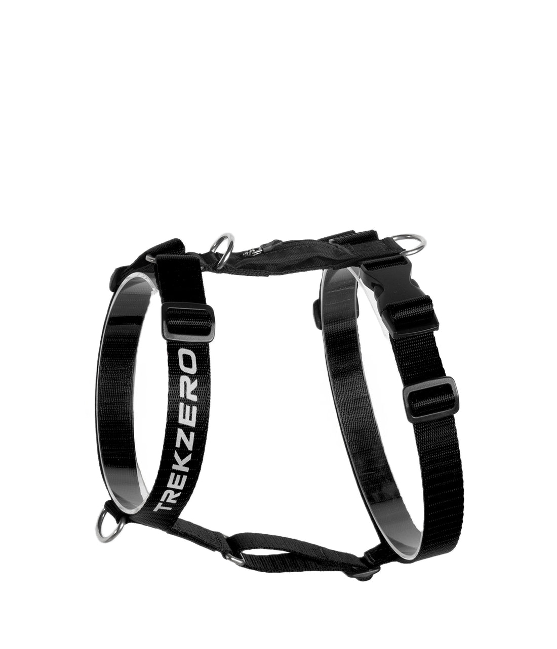 Un arnés tipo H para perros color negro visto de lado