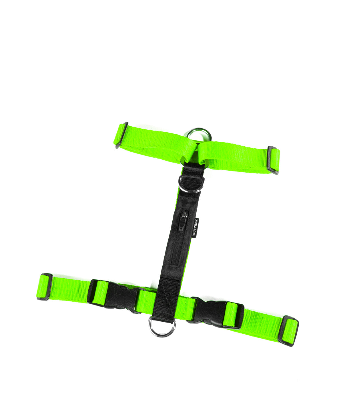 Rear detail of the neon green TrekZero H-Series harness with two attachment rings, tracker pocket and buckles