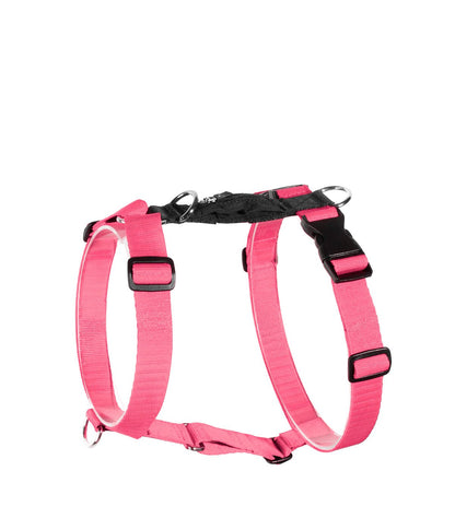 Un arnés para perros en forma de H en color rosa flamingo