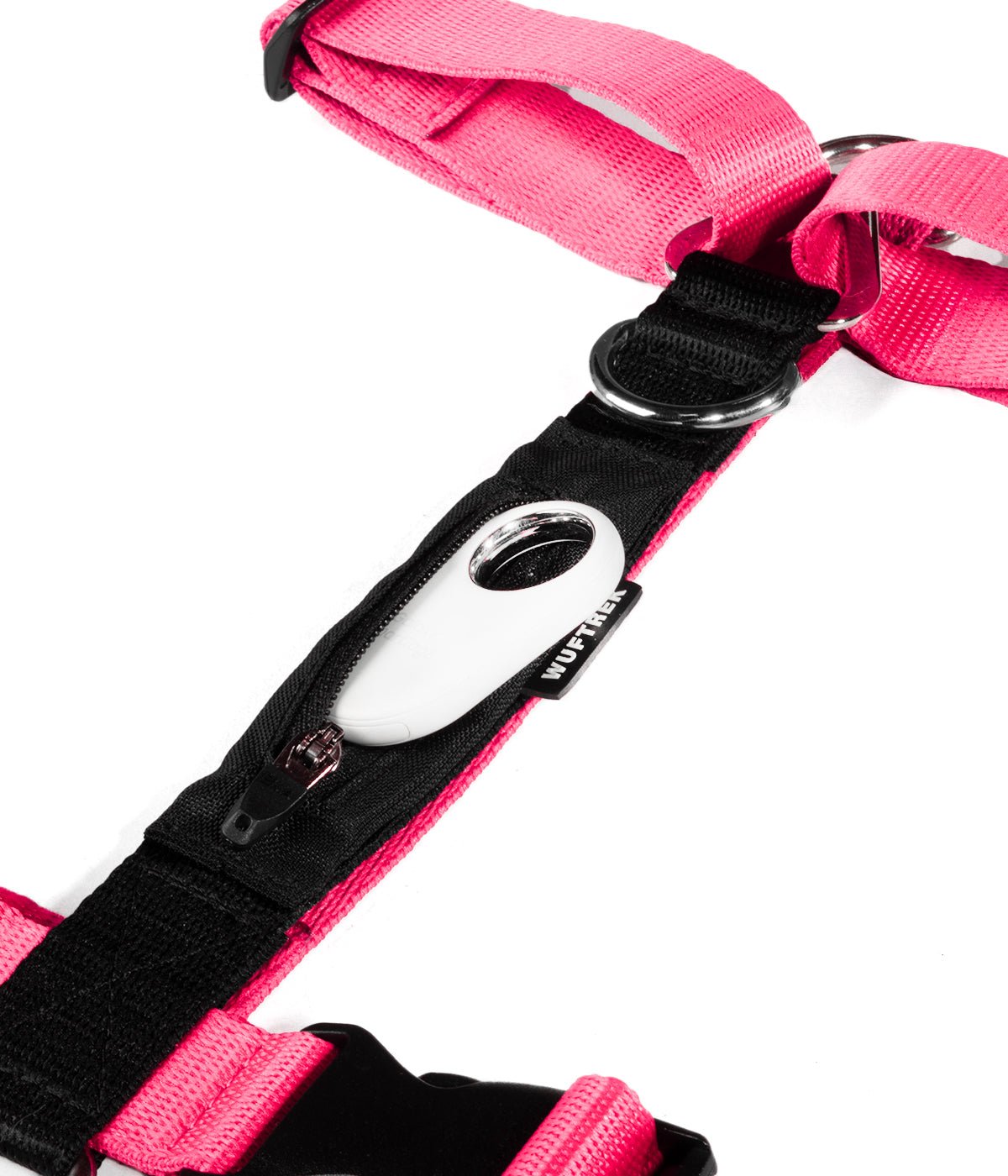 Detalle de un arnés para perros en forma de H en color rosa flamingo