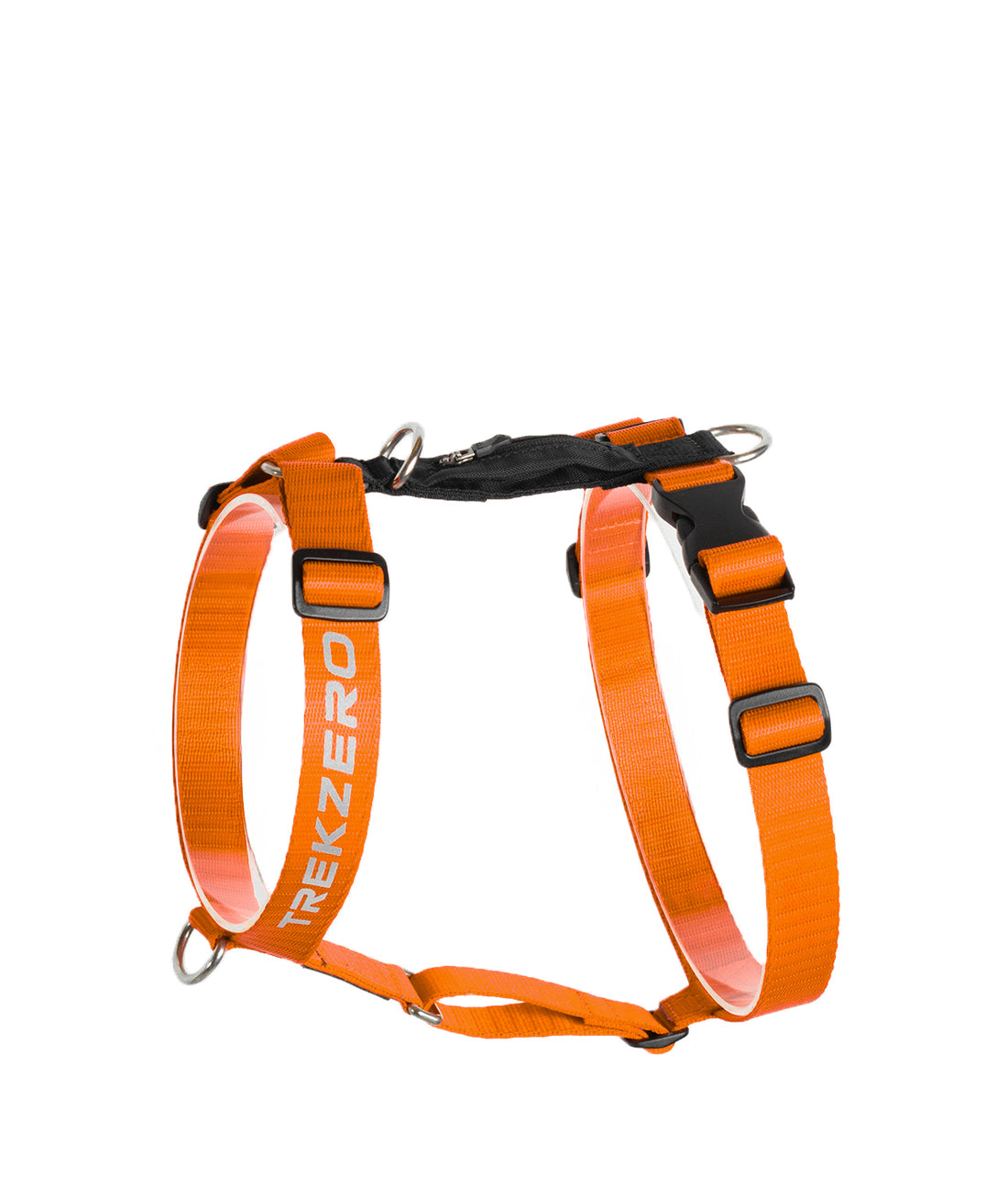 Un arnés tipo H para perros color naranja con negro visto de lado