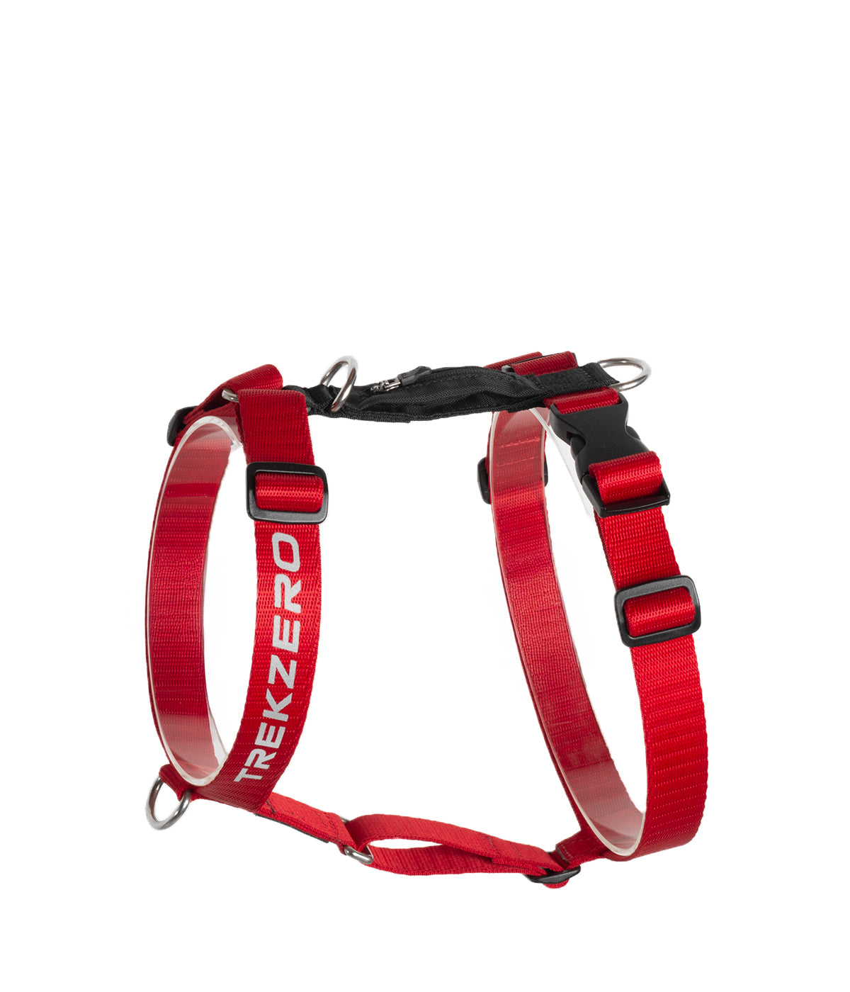 Un arnés tipo H para perros color rojo con negro visto de lado