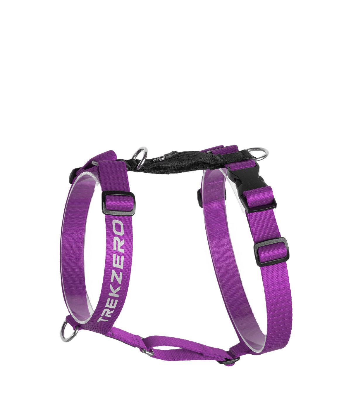 Un arnés tipo H para perros color violeta con negro visto de lado