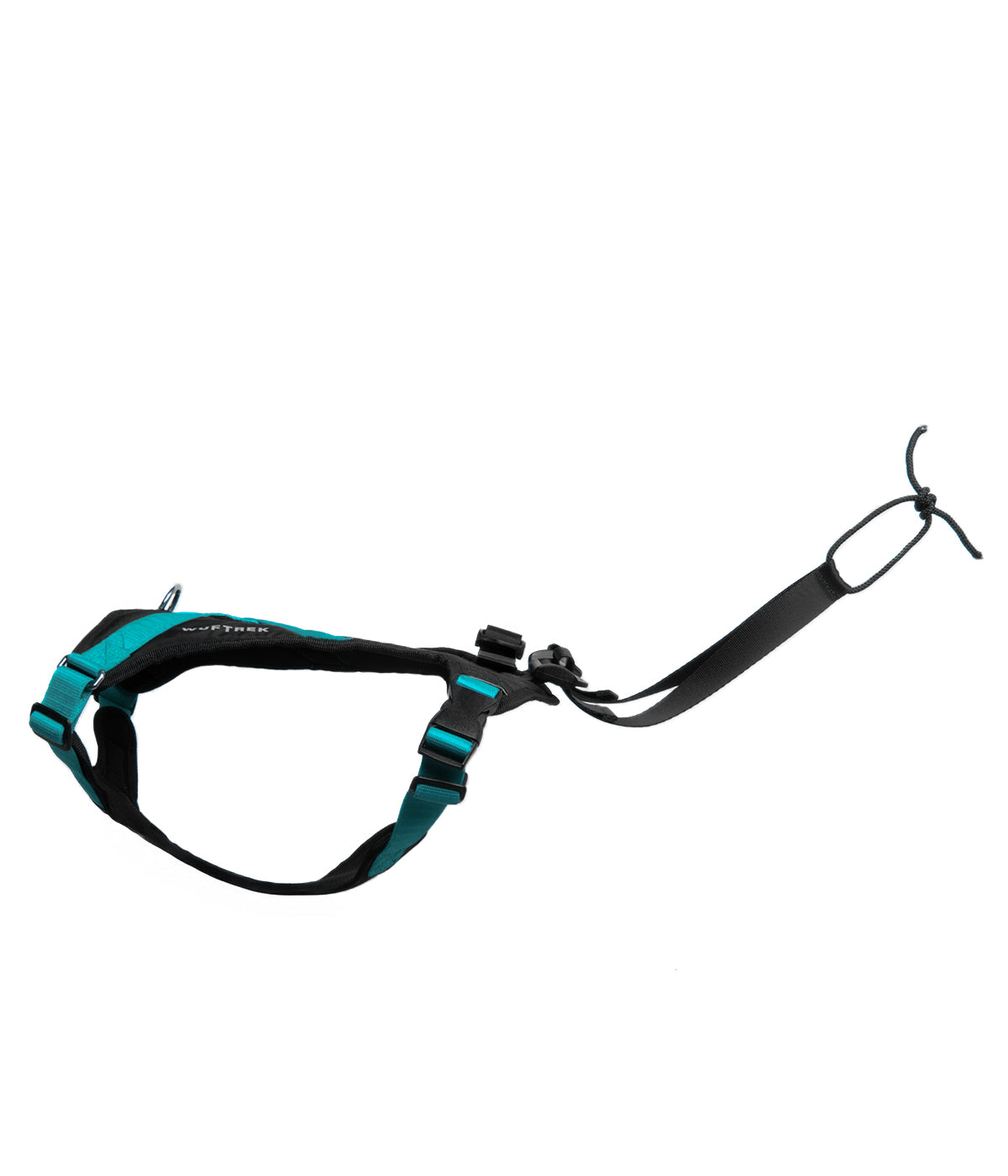 Side view of an Aqua-and-black canicross dog harness, showing the adjustable straps and attachment loop
