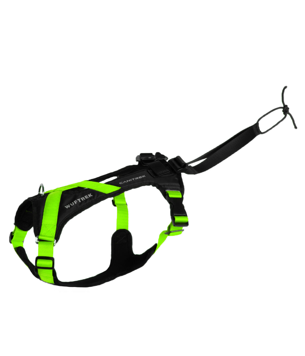 Side view of a green-and-black canicross dog harness, showing the back straps, adjustable straps, and attachment loop