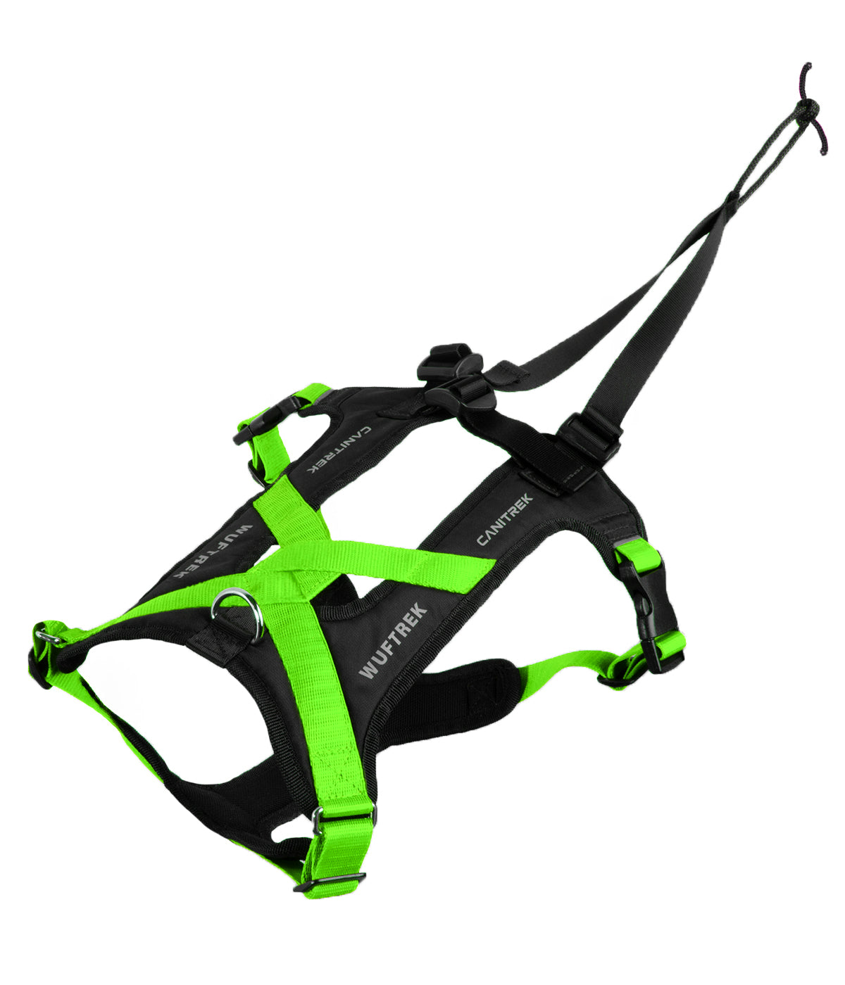 Top view of a green-and-black canicross dog harness, showing the back straps, adjustable straps, and attachment loop