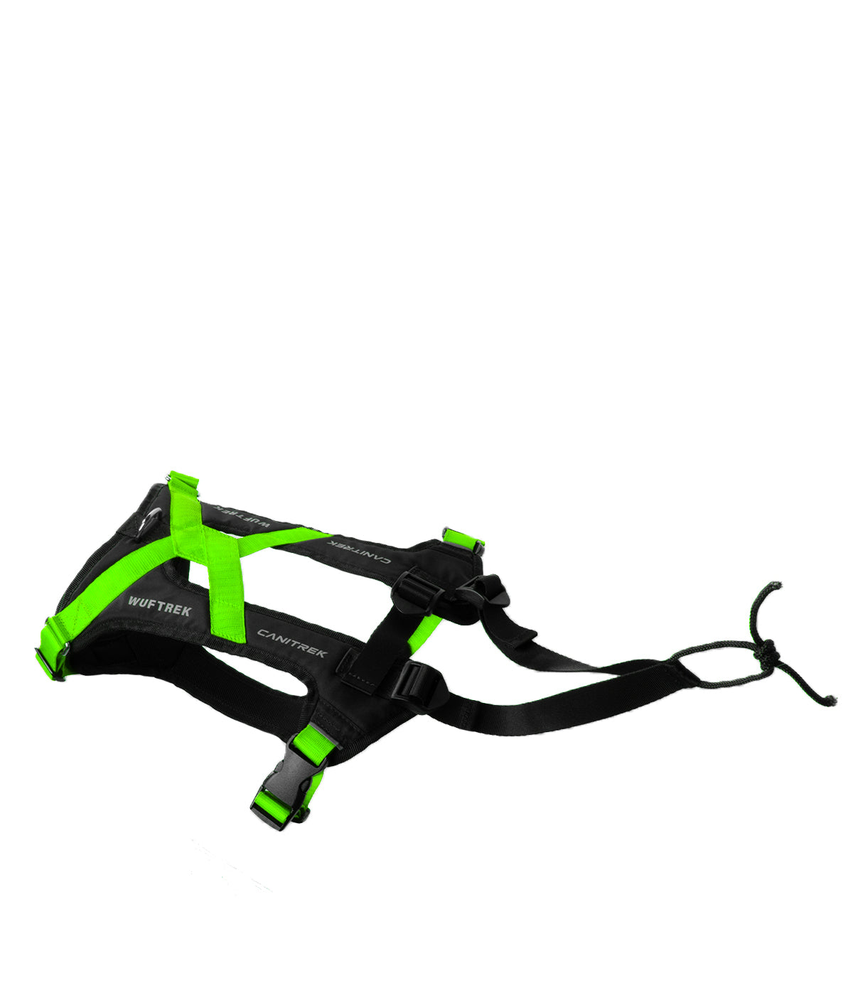 Top view of a green-and-black canicross dog harness, showing the adjustable straps and attachment loop