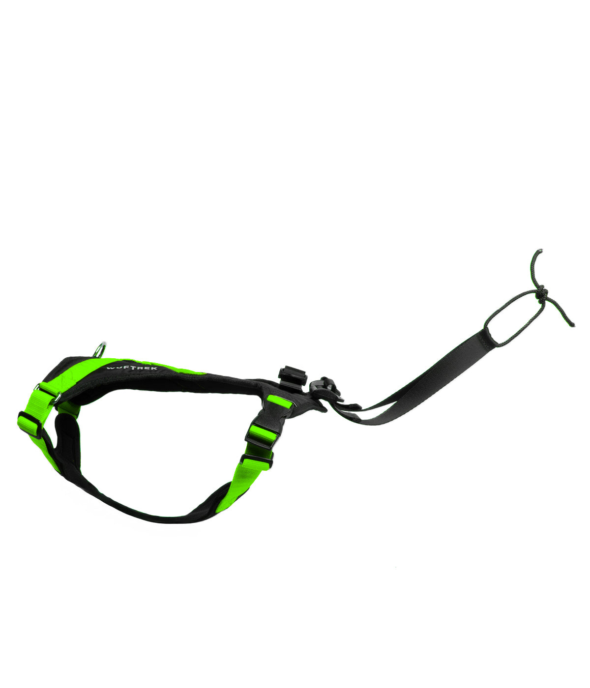 Side view of a green-and-black canicross dog harness, showing the adjustable straps and attachment loop