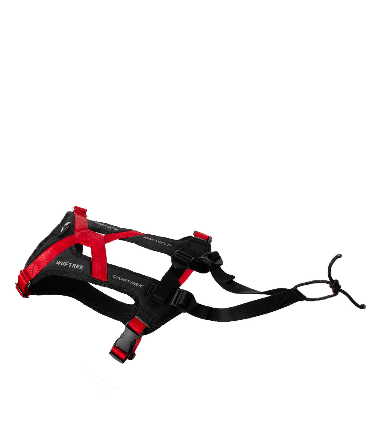 Top view of a red-and-black canicross dog harness, showing the adjustable straps and attachment loop