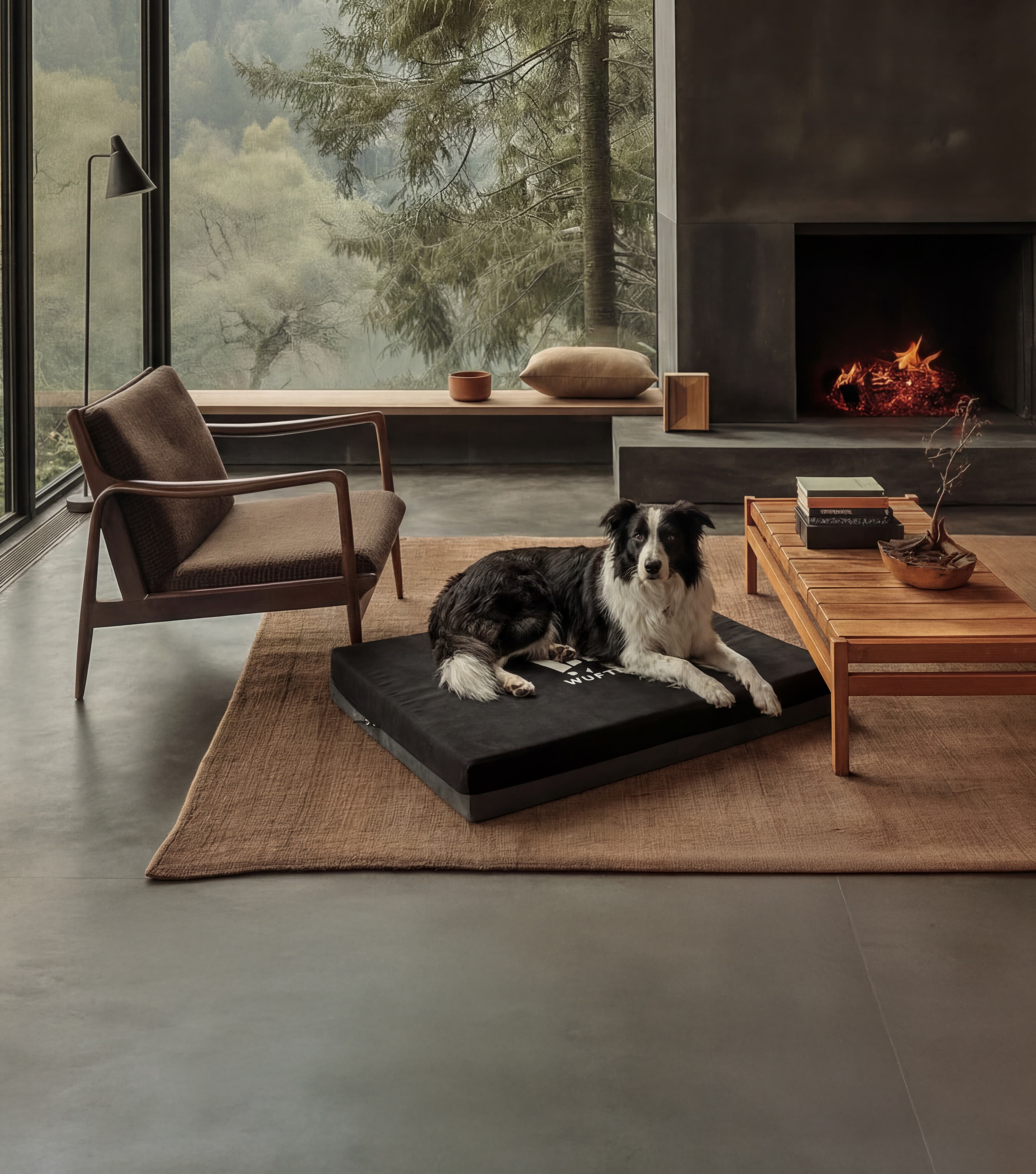 Un perro acostado en una cama para perros color negro con gris, la cama esta en una sala