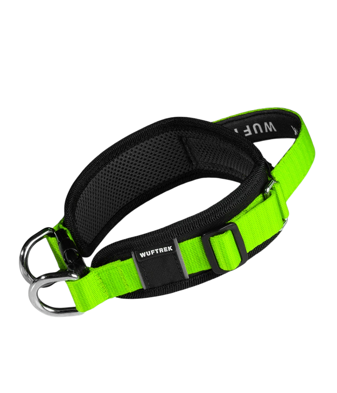 Un collar ancho color negro con verde limón, con manija de agarre, forro en neopreno y dos argollas de enganche al frente