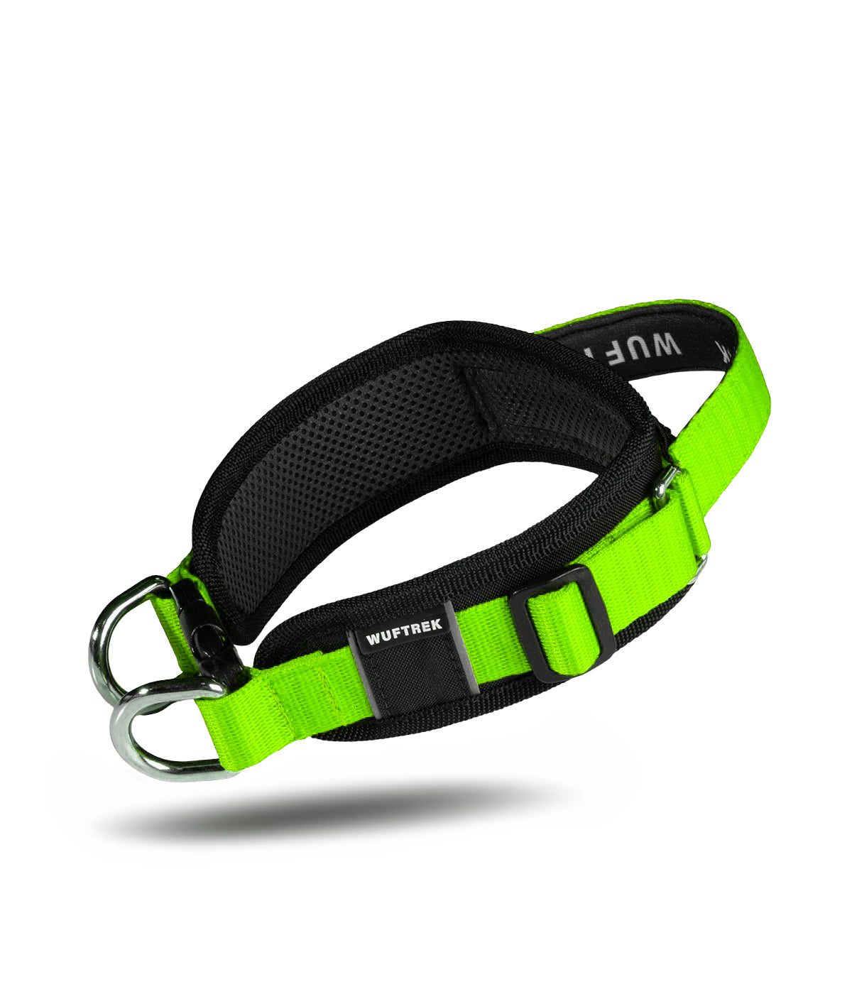 Un collar ancho color negro con verde limón, con manija de agarre, forro en neopreno y dos argollas de enganche al frente