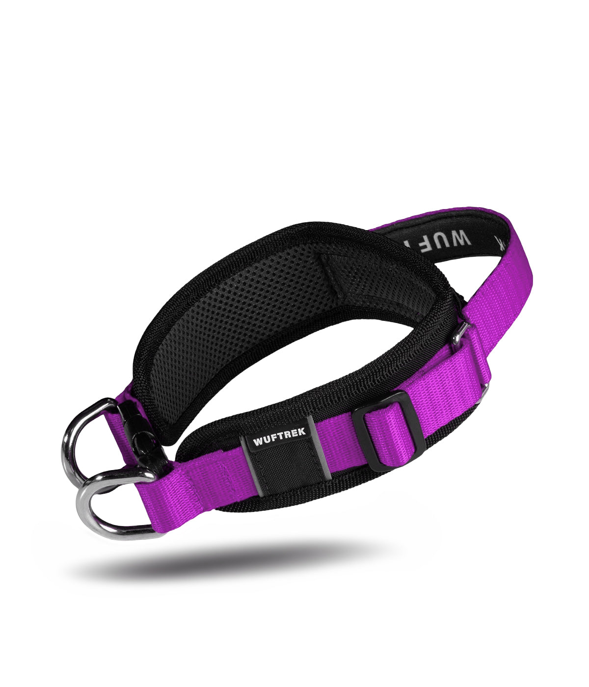 Wide black-and-violet dog collar with control handle, neoprene lining, and two front attachment rings