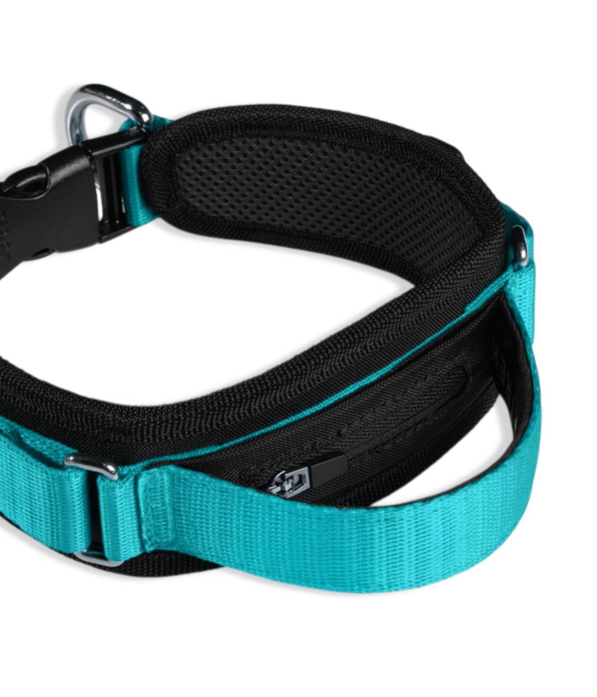 Un collar ancho color negro con aqua, con manija de agarre, bolsillo para localizador y dos argollas de enganche al frente