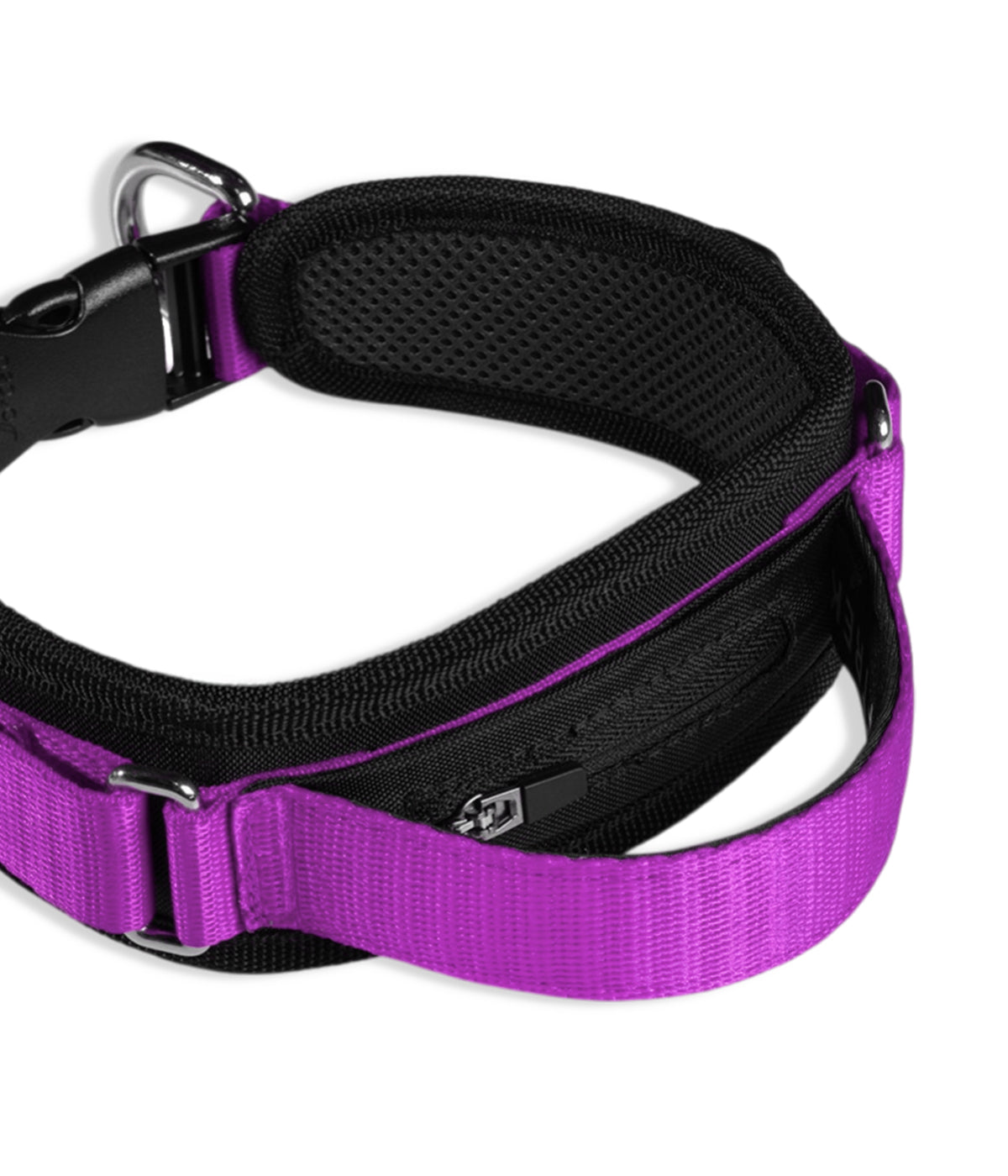 Un collar ancho color negro con violeta, con manija de agarre, bolsillo para localizador y dos argollas de enganche al frente