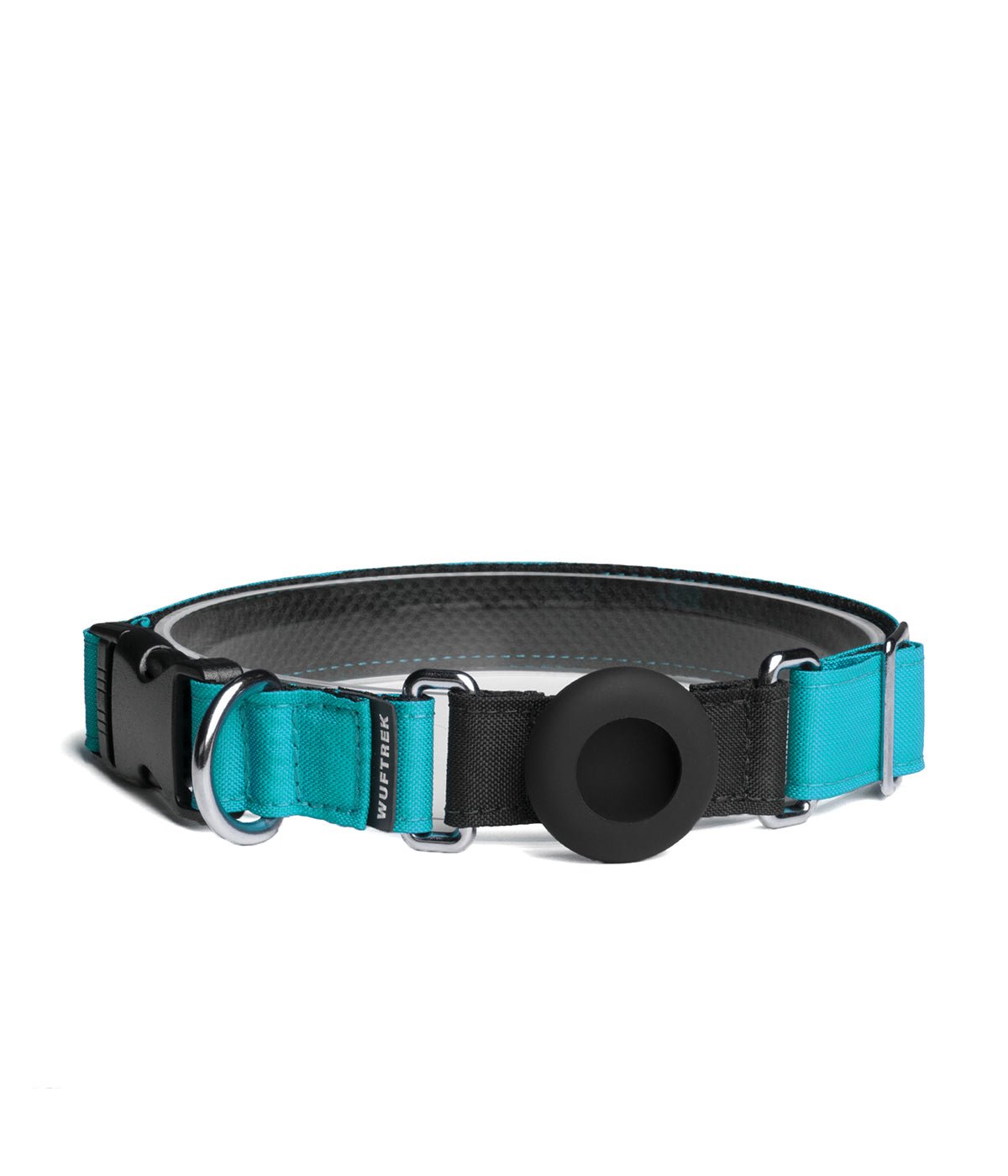 Turquoise dog collar with an AirTag holder