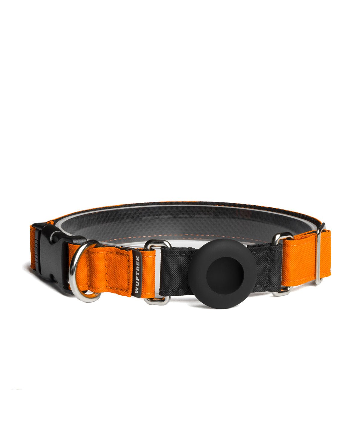 Orange dog collar with an AirTag holder