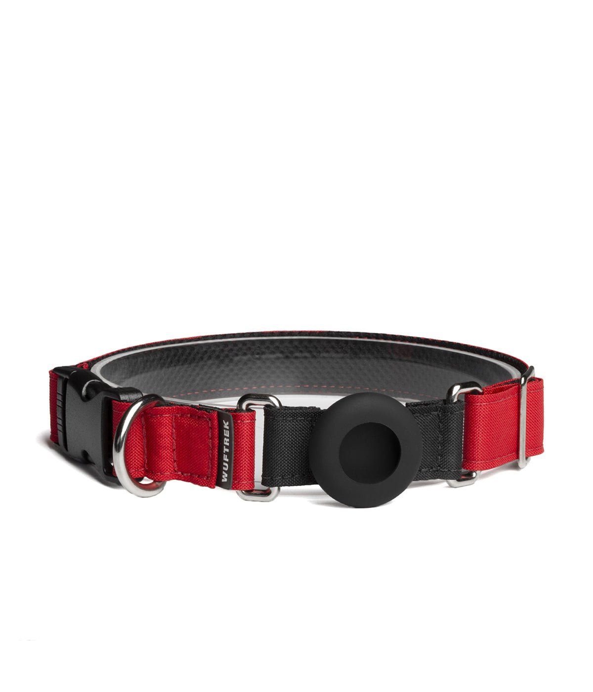 Red dog collar with an AirTag holder