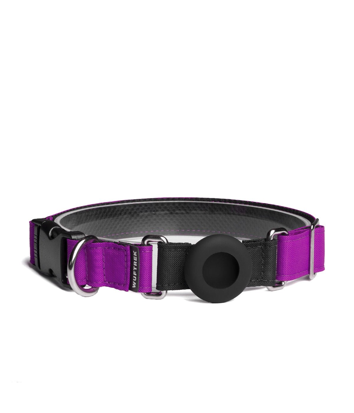 Violet dog collar with an AirTag holder