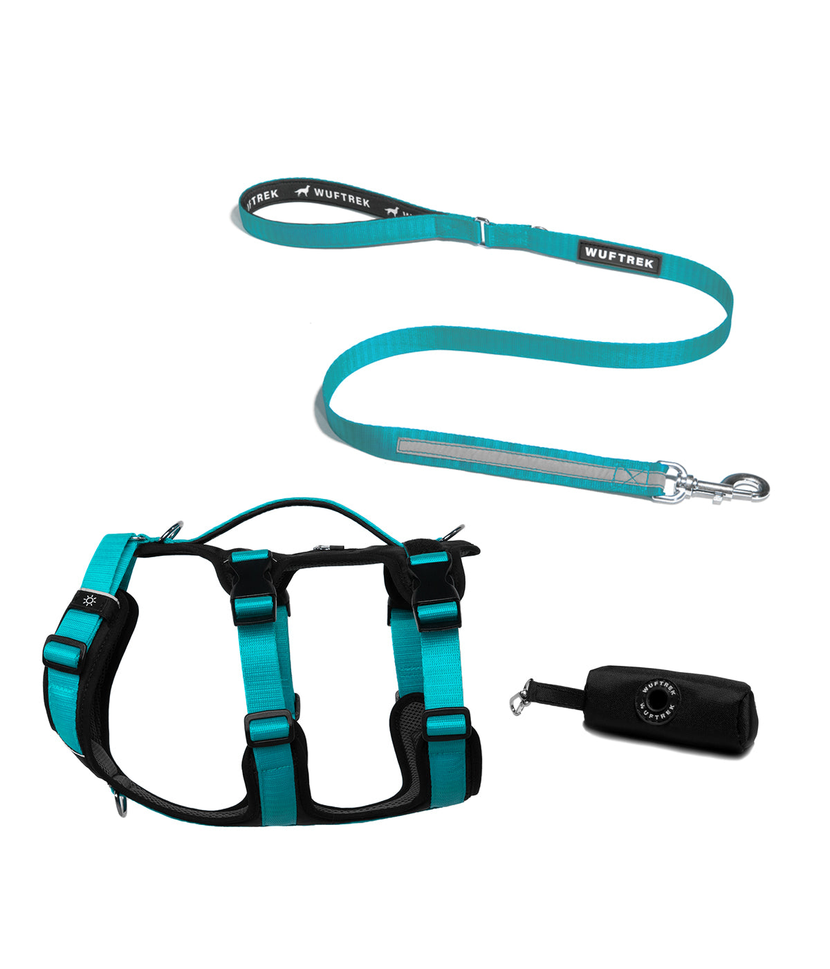 Dog set with turquoise TrekFit Y-3 harness, matching TrekPro leash, and black waste bag holder