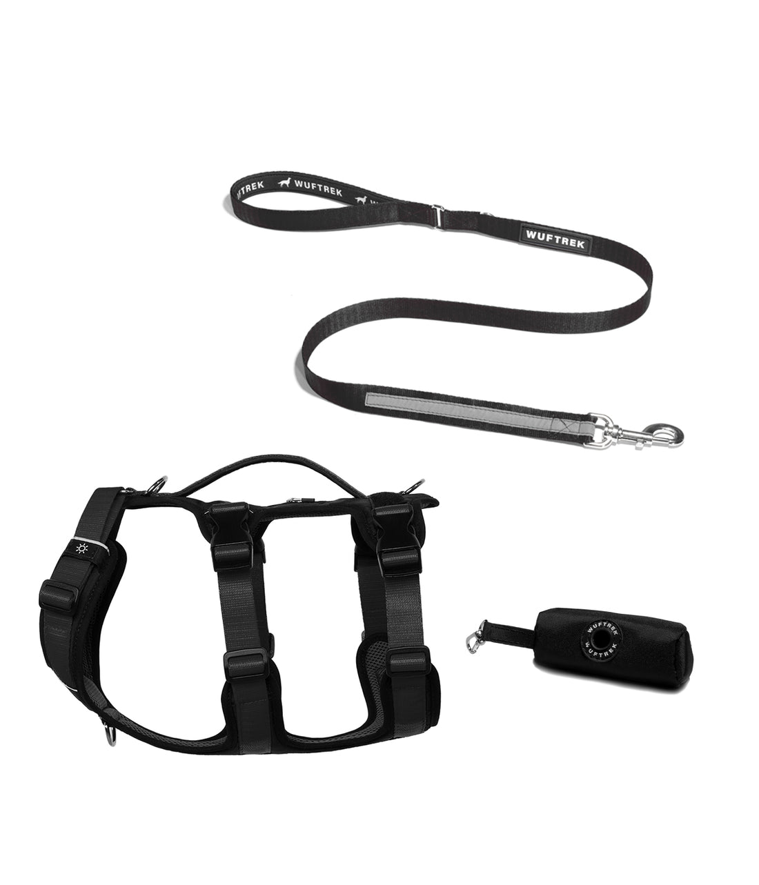 Un combo de productos para perros que incluye arnés TrekFit Y-3, correa TrekPro y porta estuche. El arnes y la correa en color negro, el porta bolsas es negro