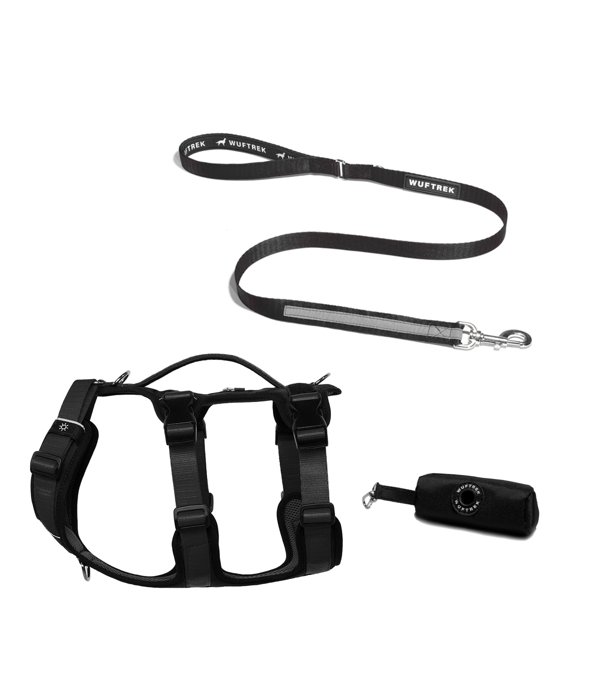 Dog set with black TrekFit Y-3 harness, matching TrekPro leash, and black waste bag holder