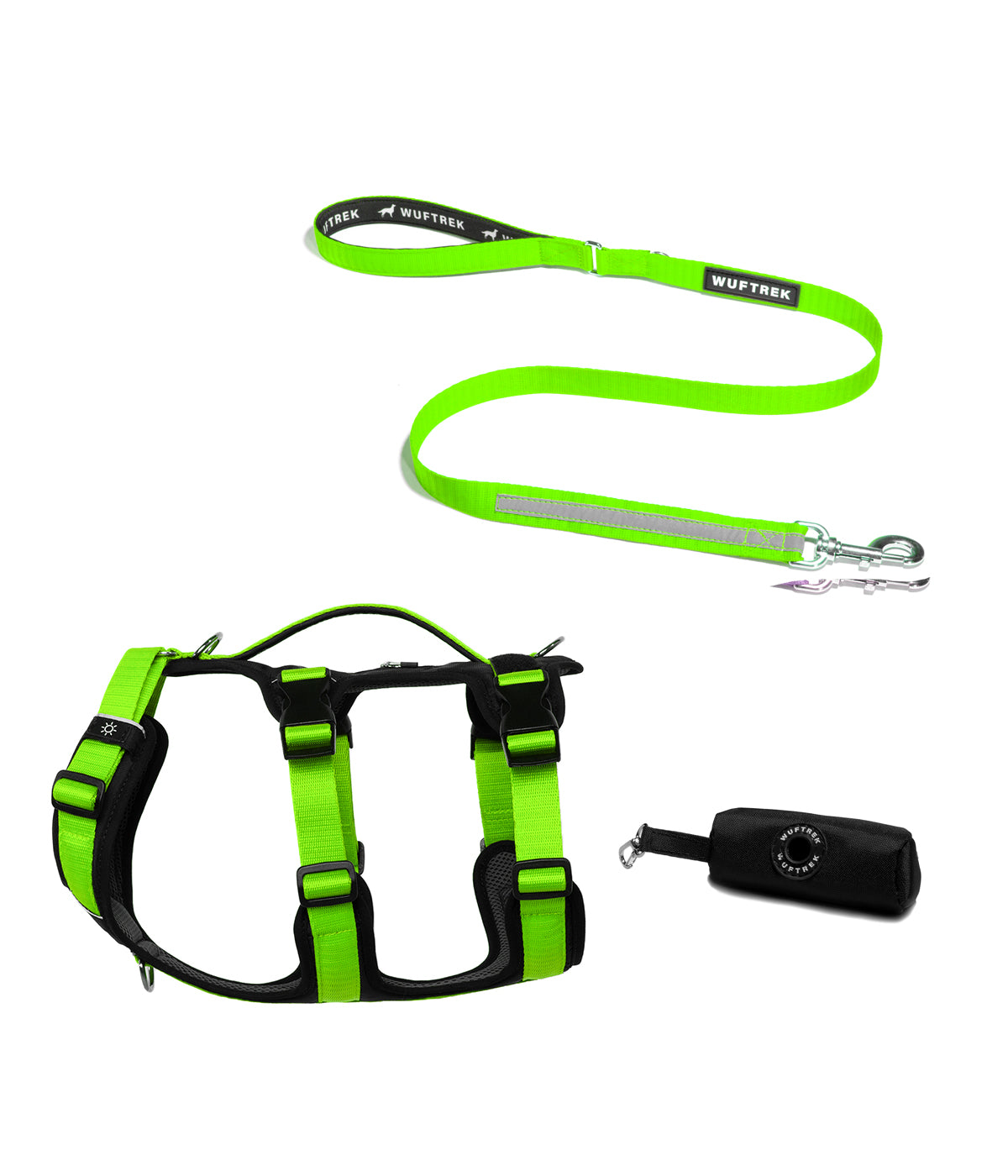 Dog set with neon green TrekFit Y-3 harness, matching TrekPro leash, and black waste bag holder