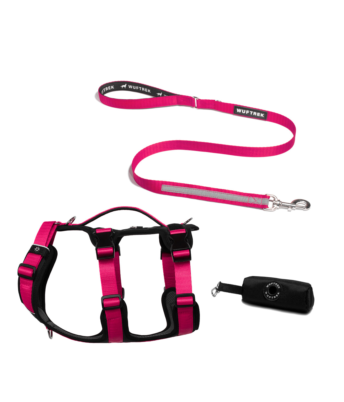 Dog set with fuchsia TrekFit Y-3 harness, matching TrekPro leash, and black waste bag holder