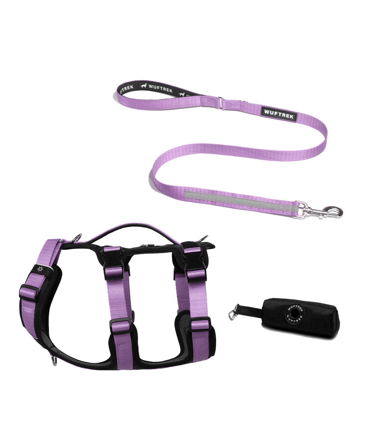 Dog set with lilac TrekFit Y-3 harness, matching TrekPro leash, and black waste bag holder