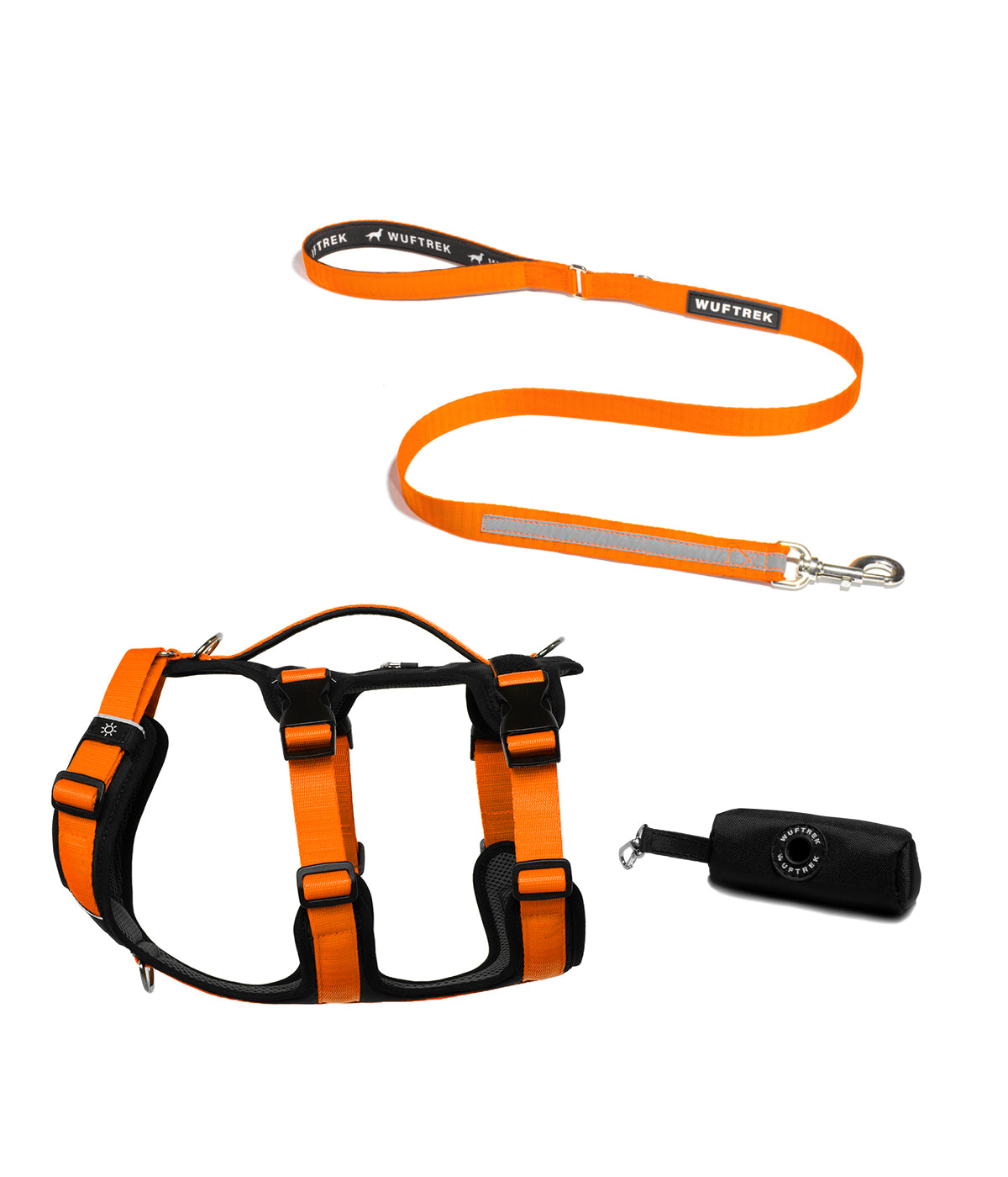 Dog set with orange TrekFit Y-3 harness, matching TrekPro leash, and black waste bag holder