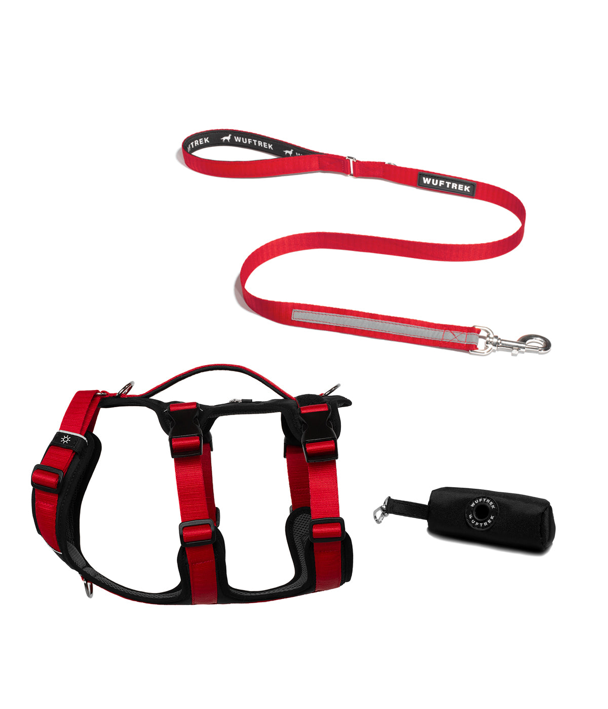 Dog set with red TrekFit Y-3 harness, matching TrekPro leash, and black waste bag holder