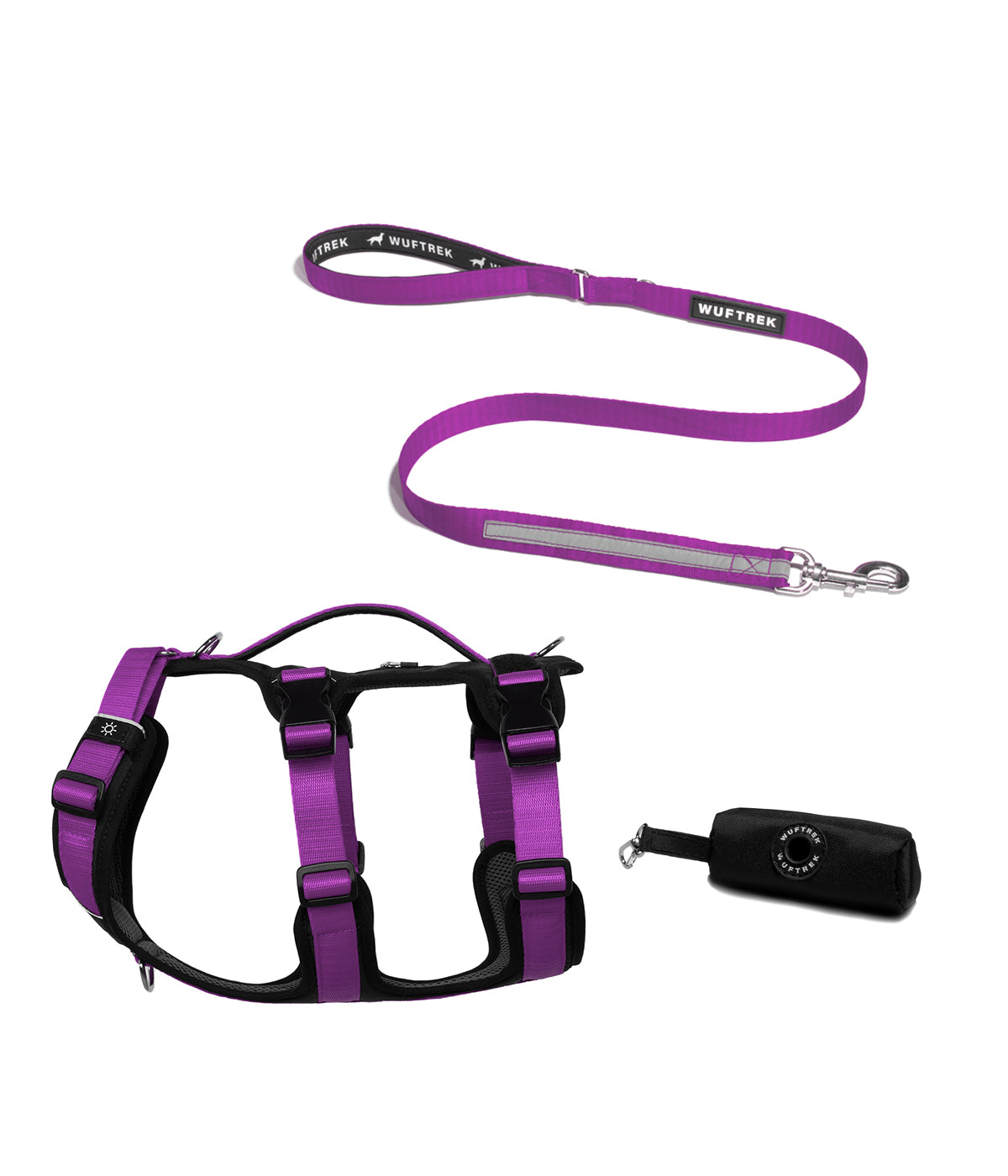 Dog set with violet TrekFit Y-3 harness, matching TrekPro leash, and black waste bag holder