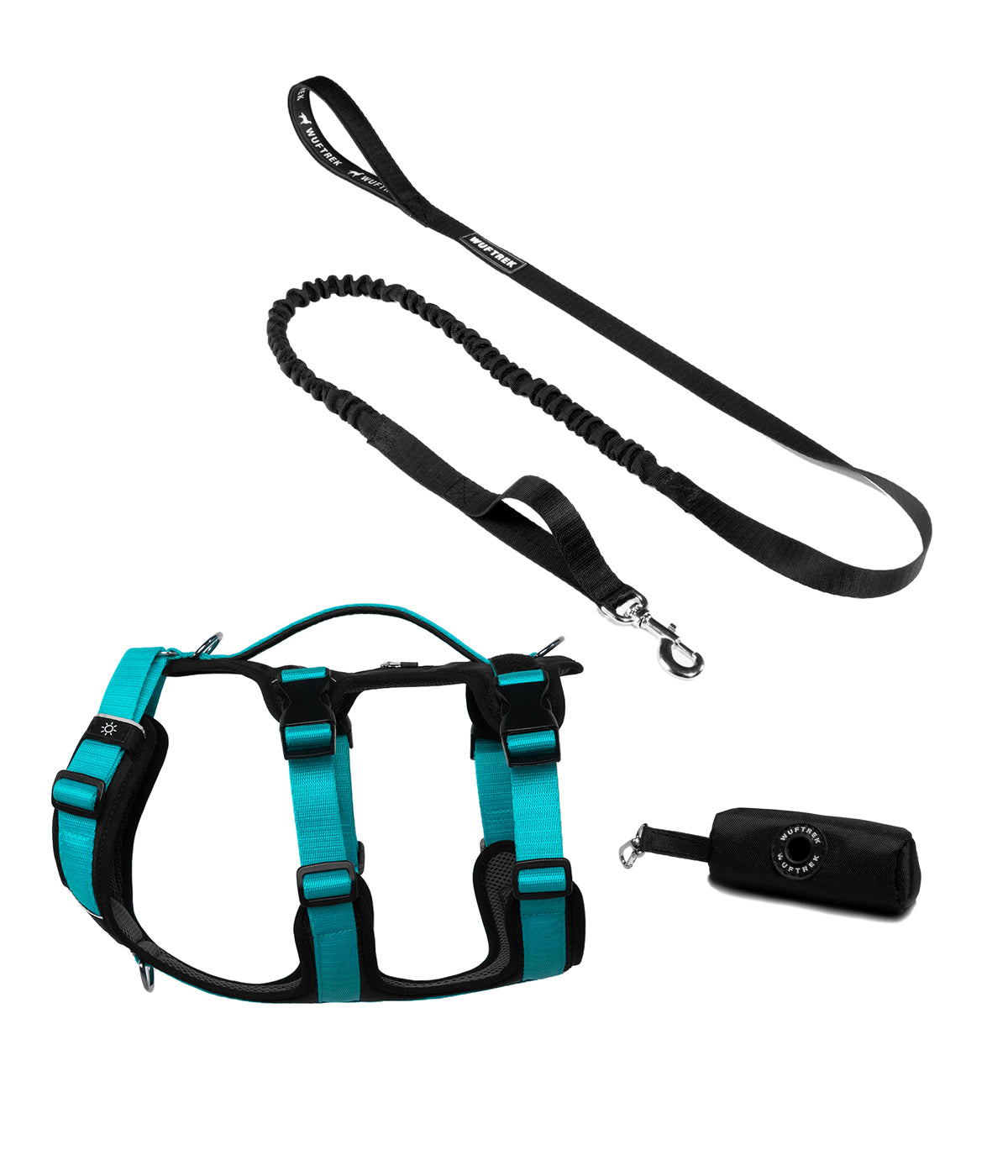 Dog set with blue TrekFit Y-3 harness, black TrekShock leash, and black waste bag holder