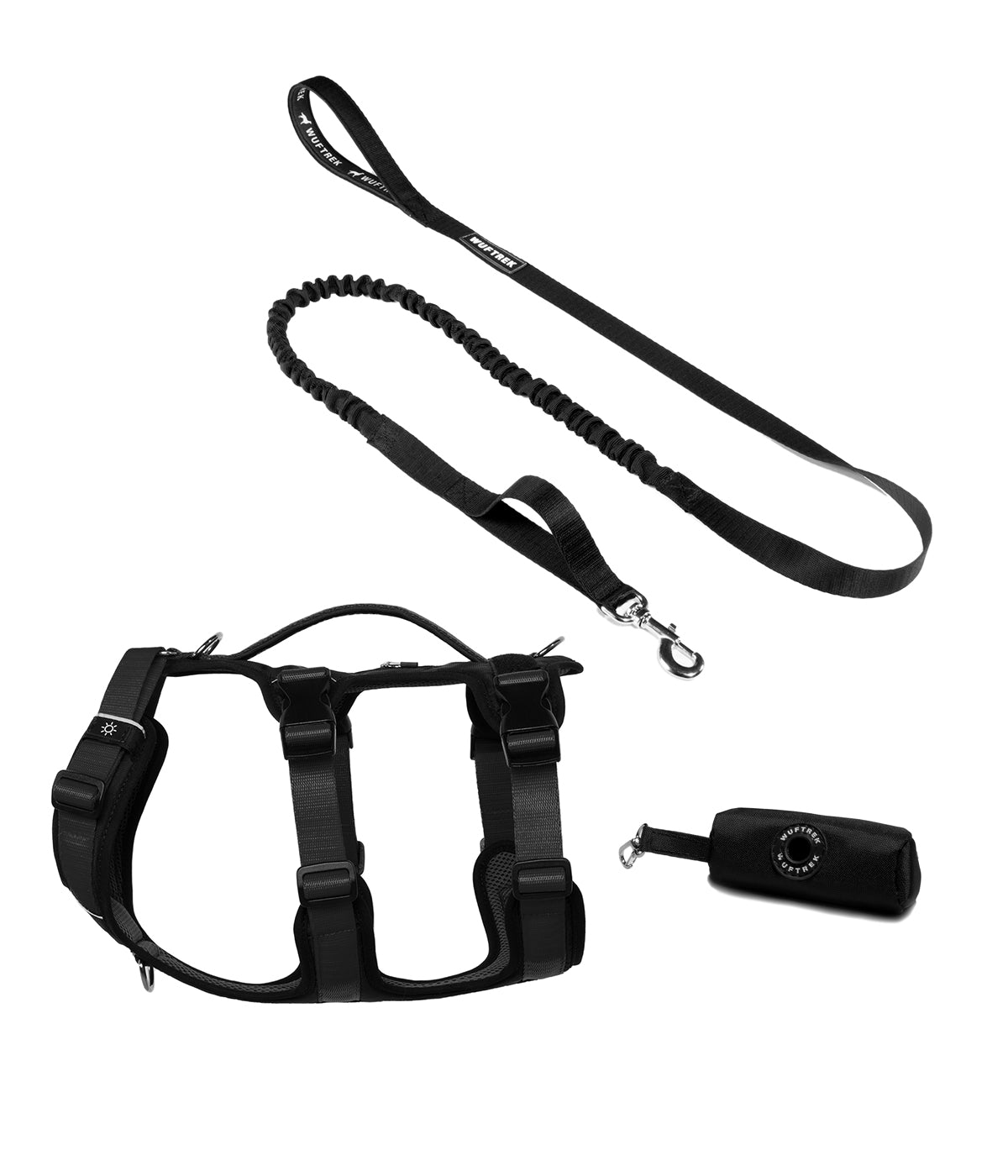 Dog set with black TrekFit Y-3 harness, black TrekShock leash, and black waste bag holder