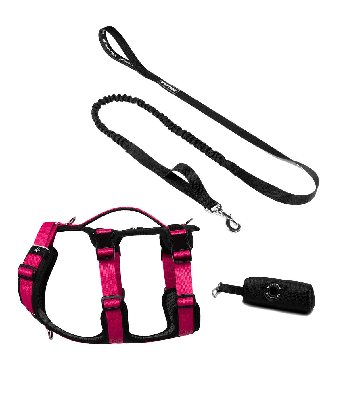 Dog set with fuchsia TrekFit Y-3 harness, black TrekShock leash, and black waste bag holder