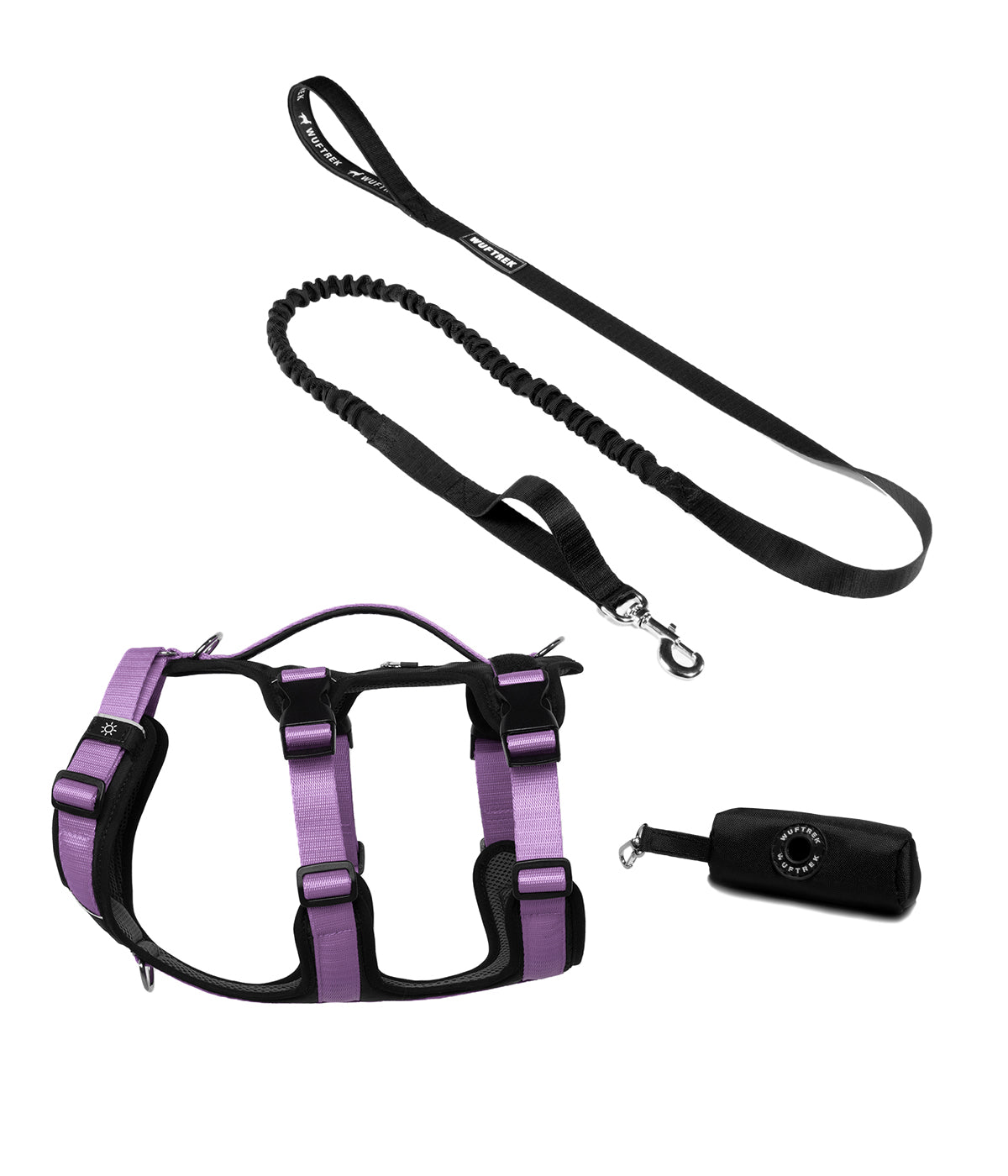 Dog set with lilac TrekFit Y-3 harness, black TrekShock leash, and black waste bag holder