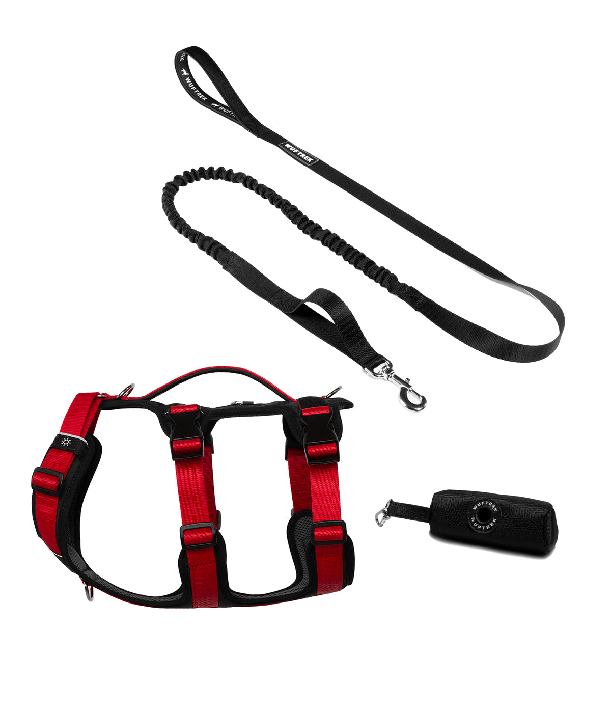 Dog set with red TrekFit Y-3 harness, black TrekShock leash, and black waste bag holder