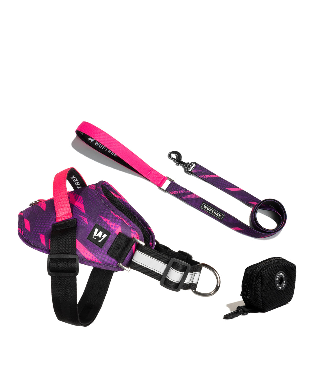 Combo de arnés para perros, correa y porta bolsas color violeta y fucsia