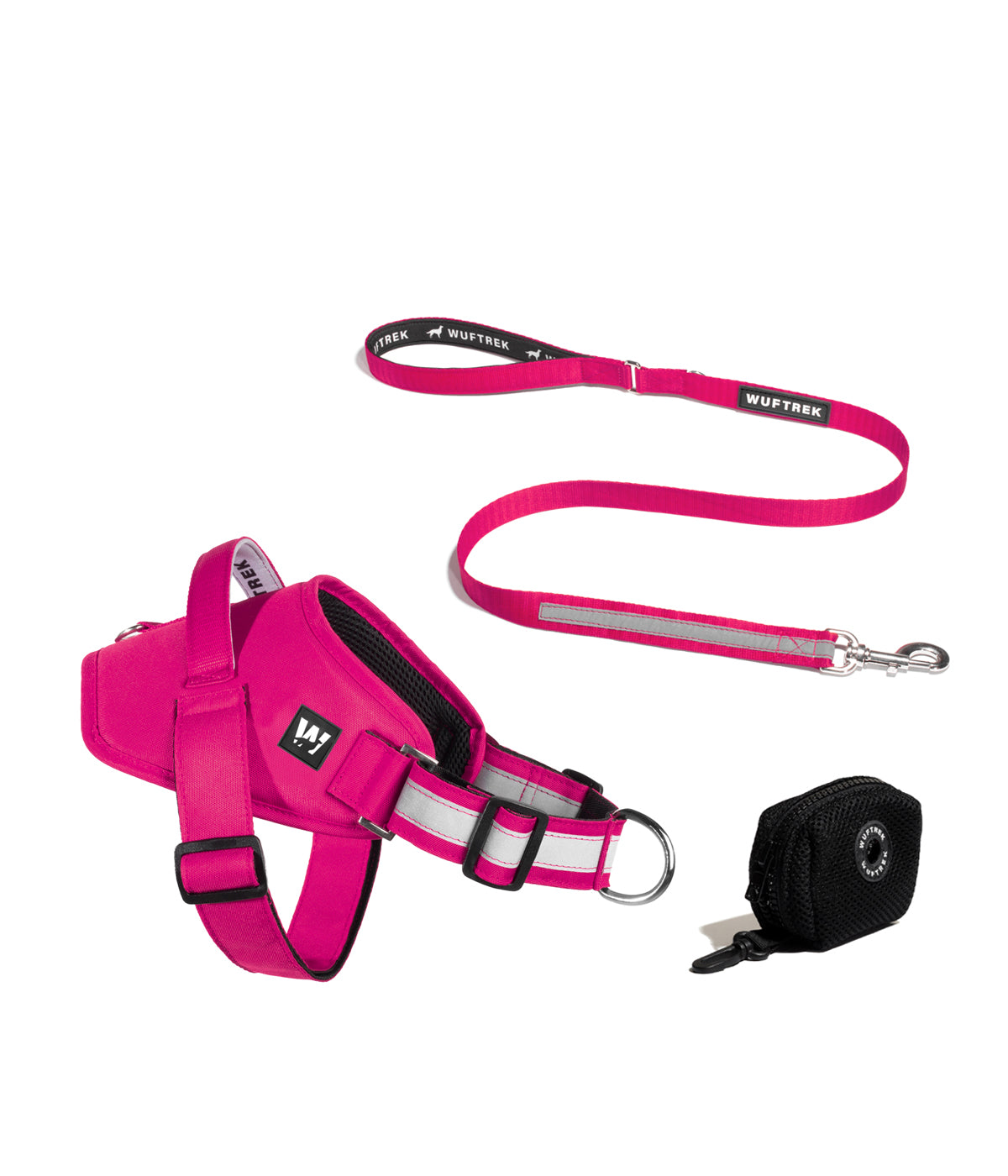 Combo de arnés para perros, correa y porta bolsas color fucsia